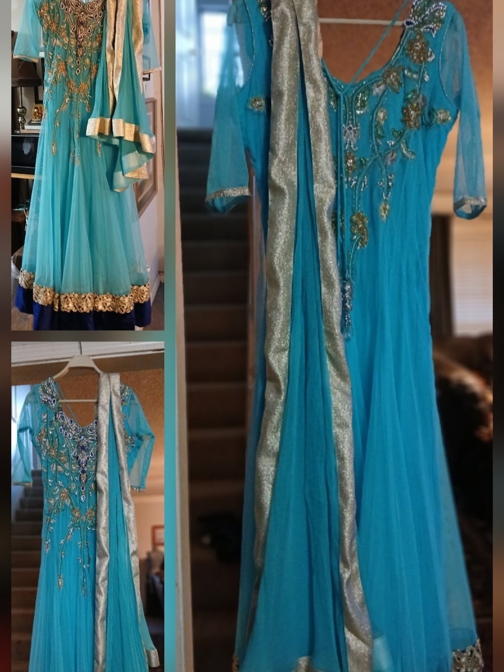 Women's Teal Embellished Anarkali Party Dress with Gold Trim, Sz.L-XL